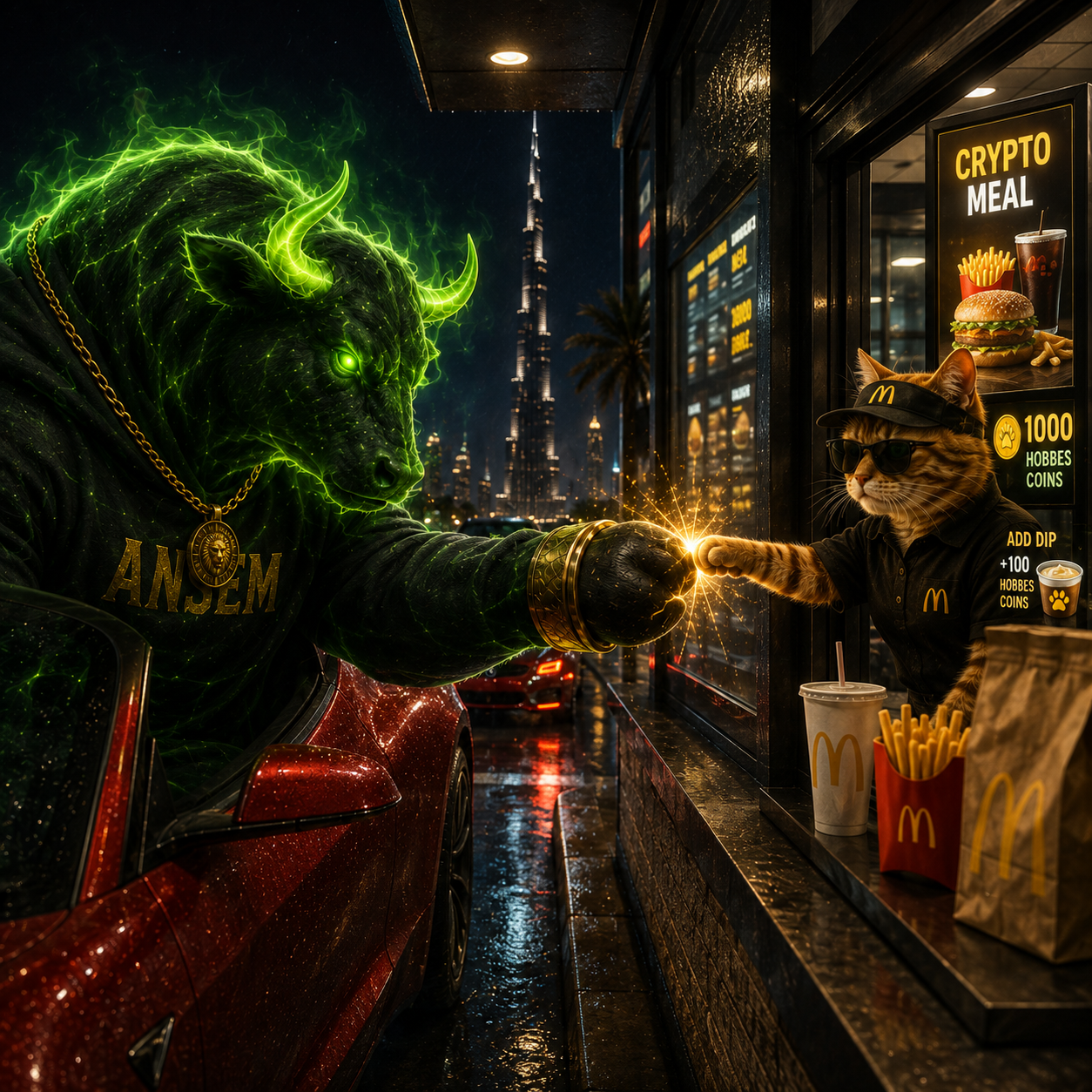 The spectral bull in an ANSEM hoodie fist-bumping the tabby cat working a rainy Dubai drive-thru window advertising a crypto meal