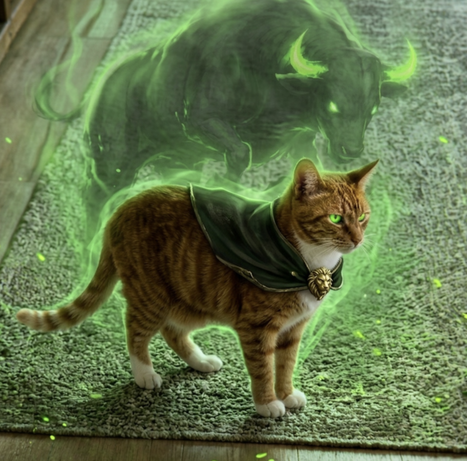 An orange tabby cat in a dark green cloak with a lion clasp, the ghost of a green bull glowing behind him