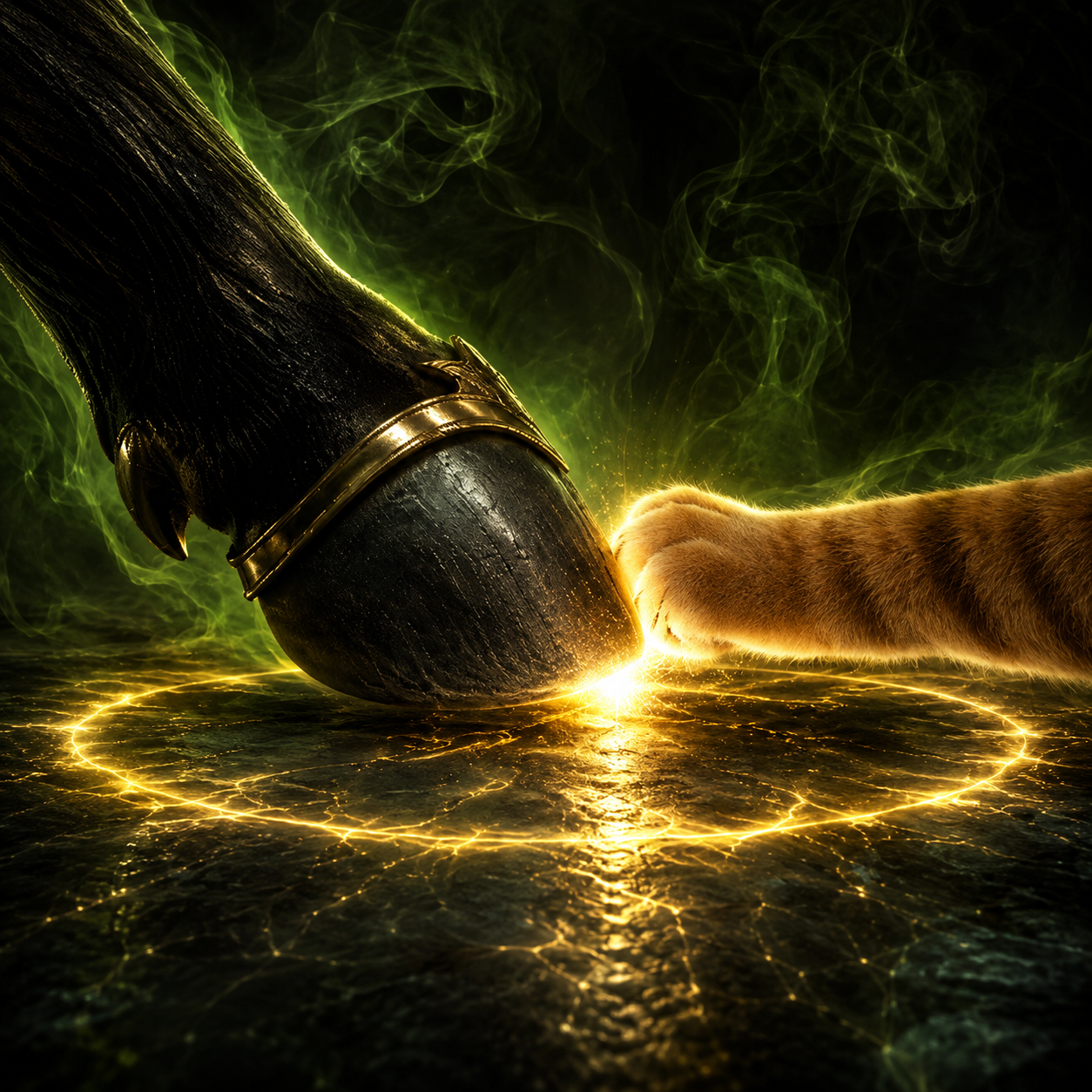 Close-up of the gold-banded hoof touching the cat paw in a ring of gold light