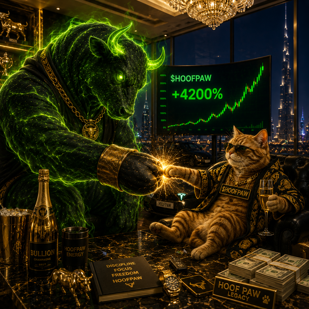 The spectral green bull in a gold chain fist-bumping the tabby cat in a Dubai penthouse, a chart behind them reading $HOOFPAW +4200%