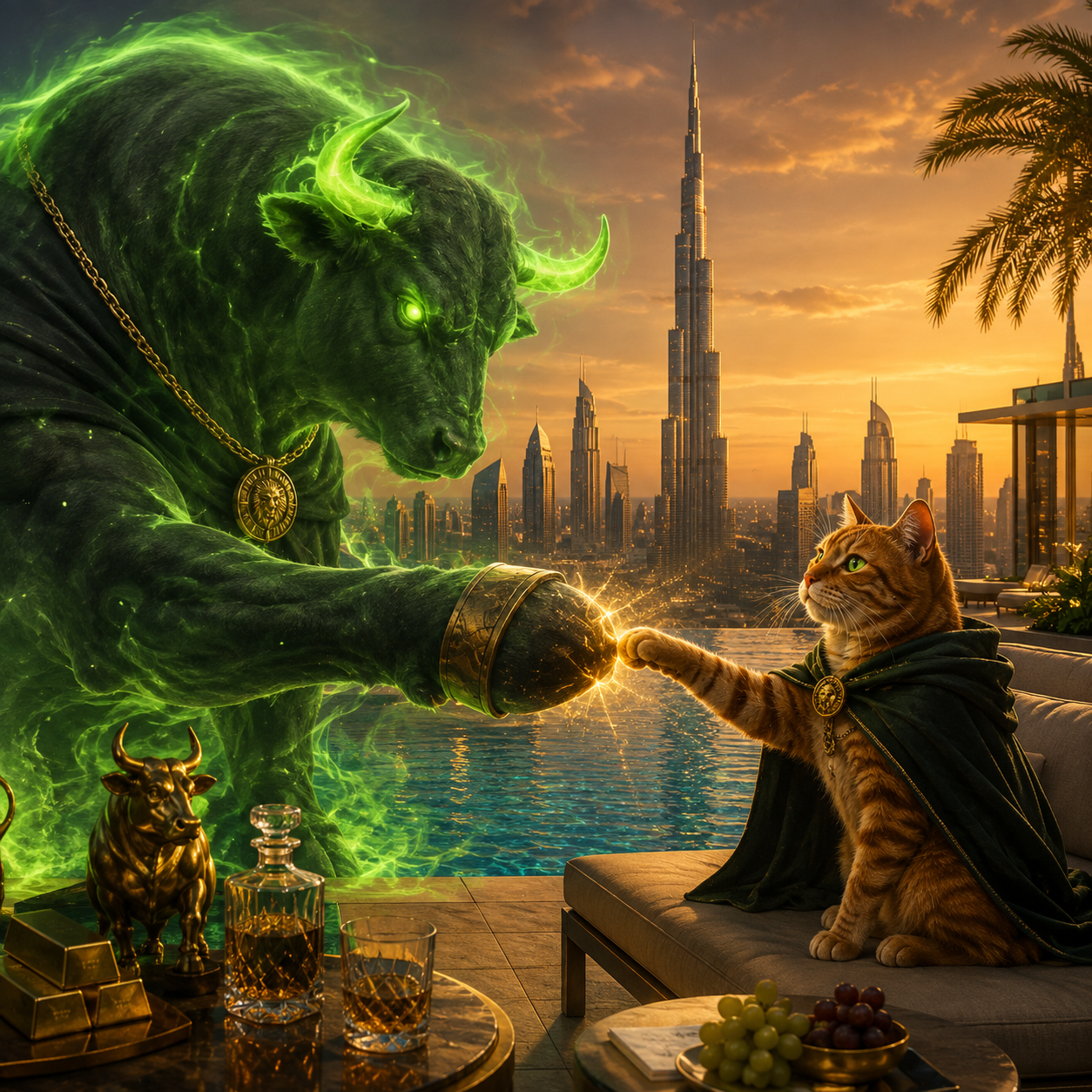 A giant spectral green bull in a gold chain fist-bumping a cloaked orange tabby cat on a Dubai rooftop at sunset